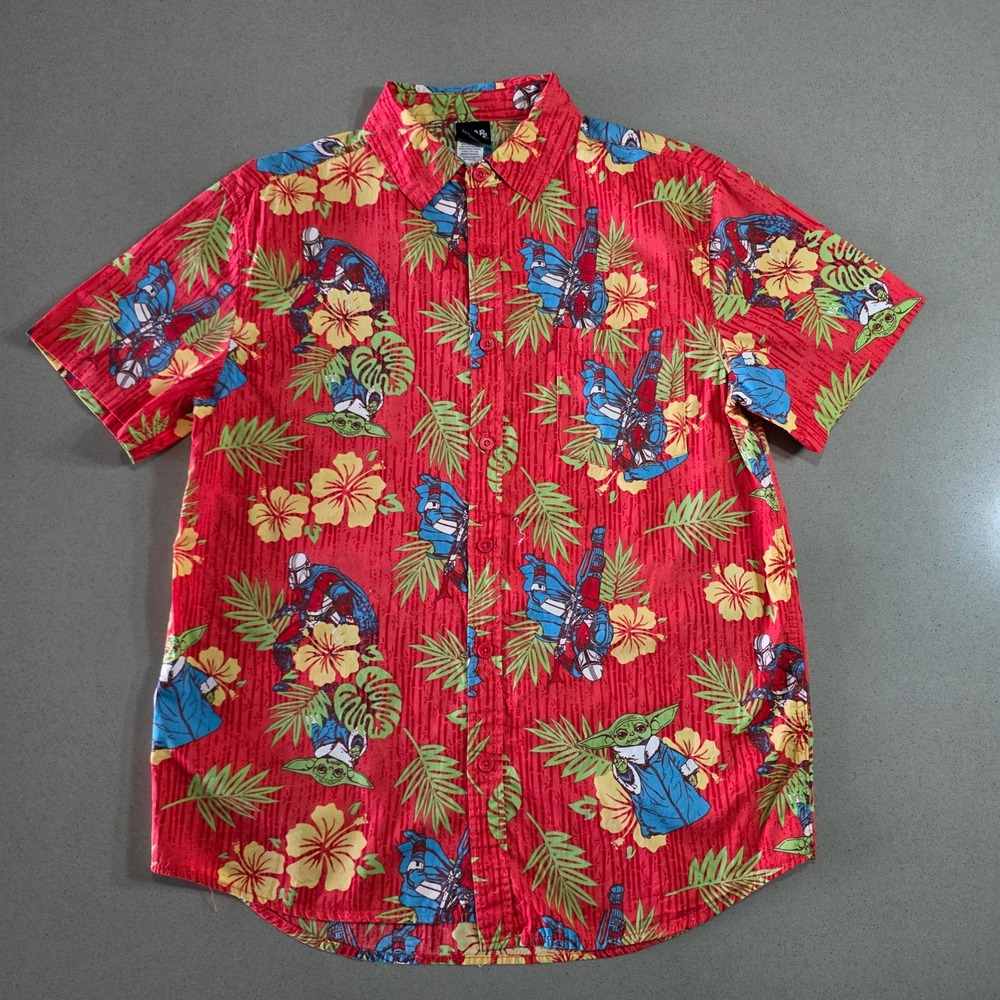 Star Wars The Mandalorian Grogu Hawaiian Shirt Mens Medium Red Aloha Button Down